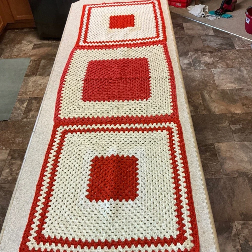 Hand Crocheted Table Runner & 2‎ Placemats Set Red Cream Cottagecore Farmhouse